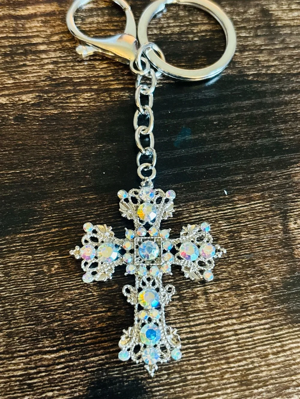 Silver-tone Cross Keychain with Iridescent Rhinestones